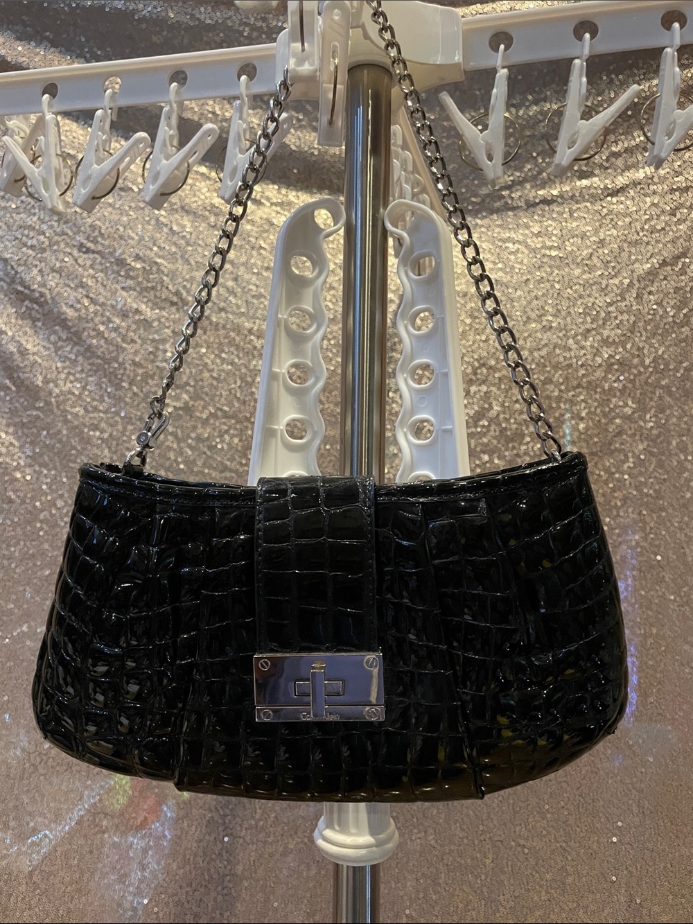 Black Croc-Embossed Chain Shoulder Bag CALVIN KLEIN